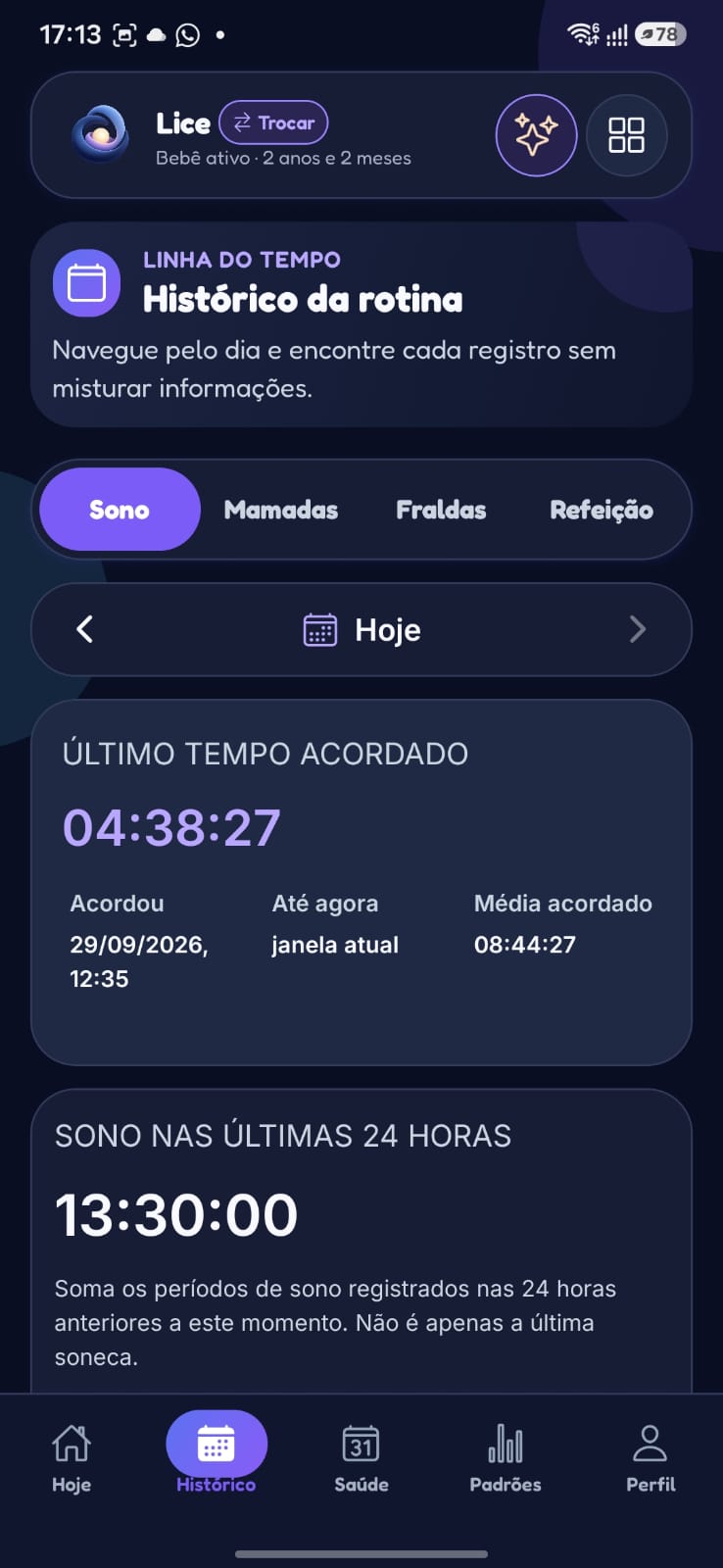 Histórico da rotina no Baby Sleep Routine